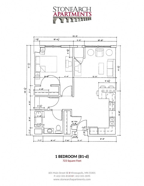 Floor plan for 1 bed, 1 bath, 780 sqft
